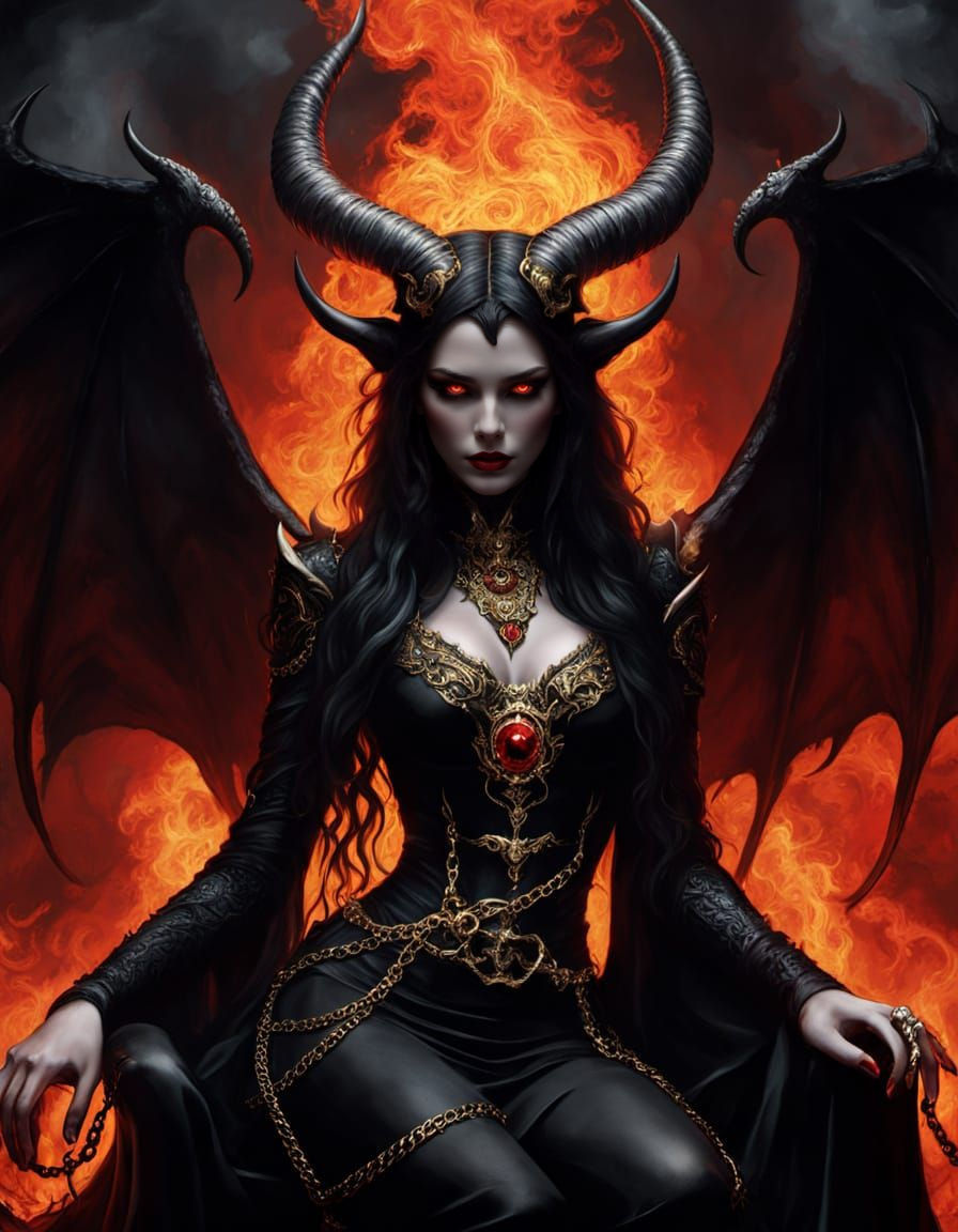 Seductive She-Devil on Throne of Fire and Shadow