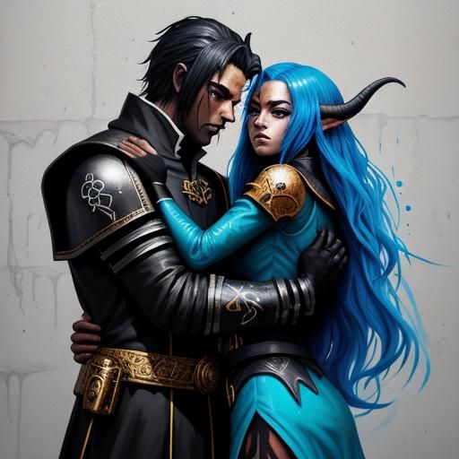 Tiefling Woman Hugging Armored Priest: Graffiti Art Style