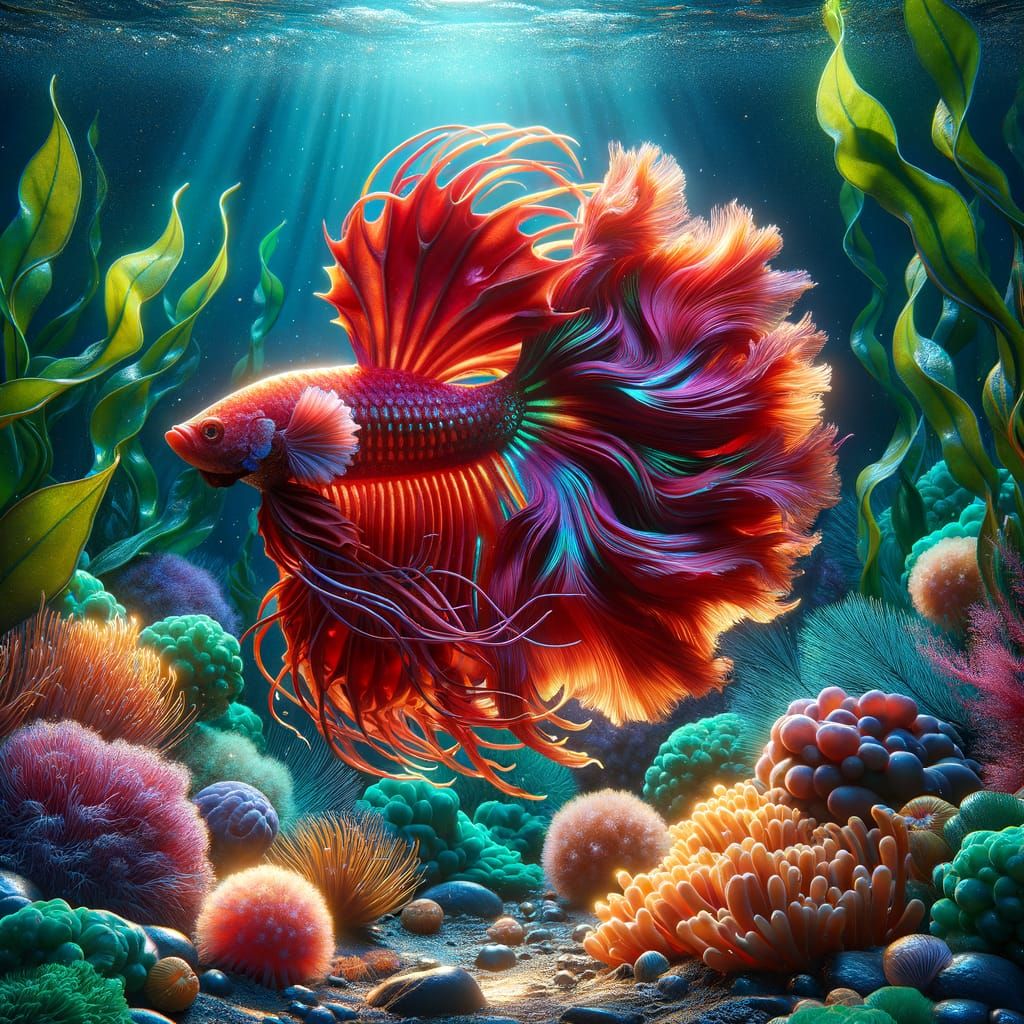 Vibrant Betta Fish in Coral Reef, Hyperrealistic Style
