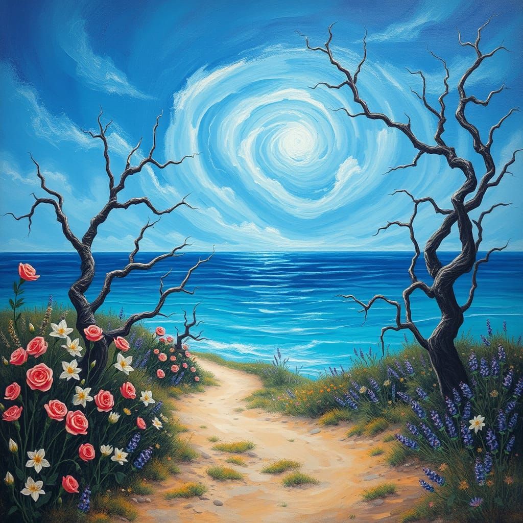 Dreamlike Shoreline Path with Ethereal Iridescent Glow