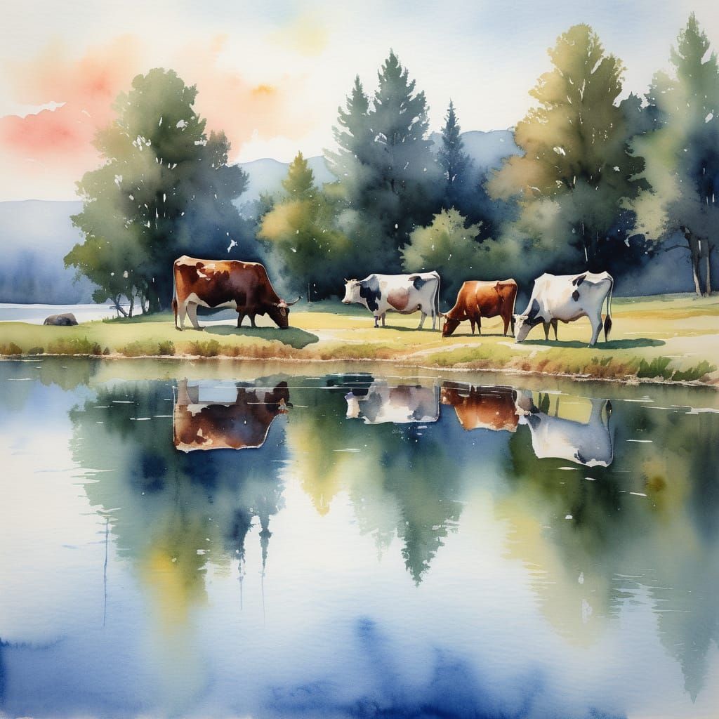 Cows Drinking From Lake in Impressionist Watercolor