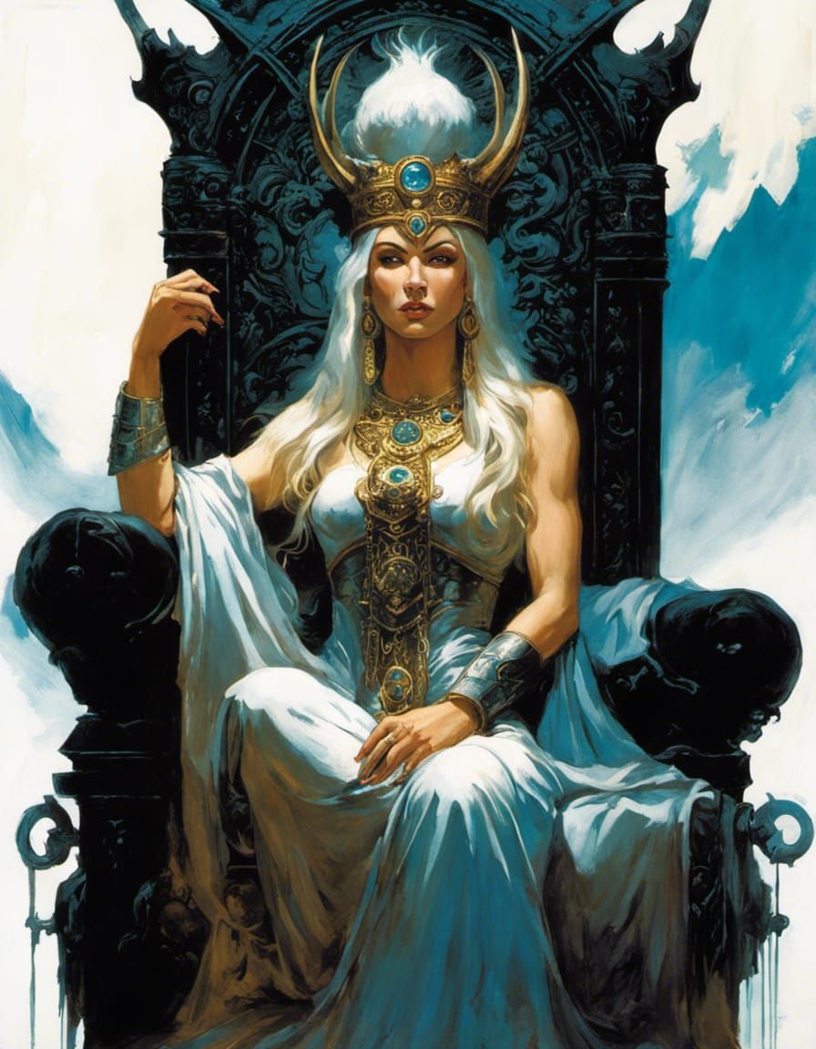 Norse Goddess on Throne in Dark Fantasy Oil Painting