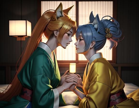 Romantic Manga: Two Kitsune Kissing in Golden Light