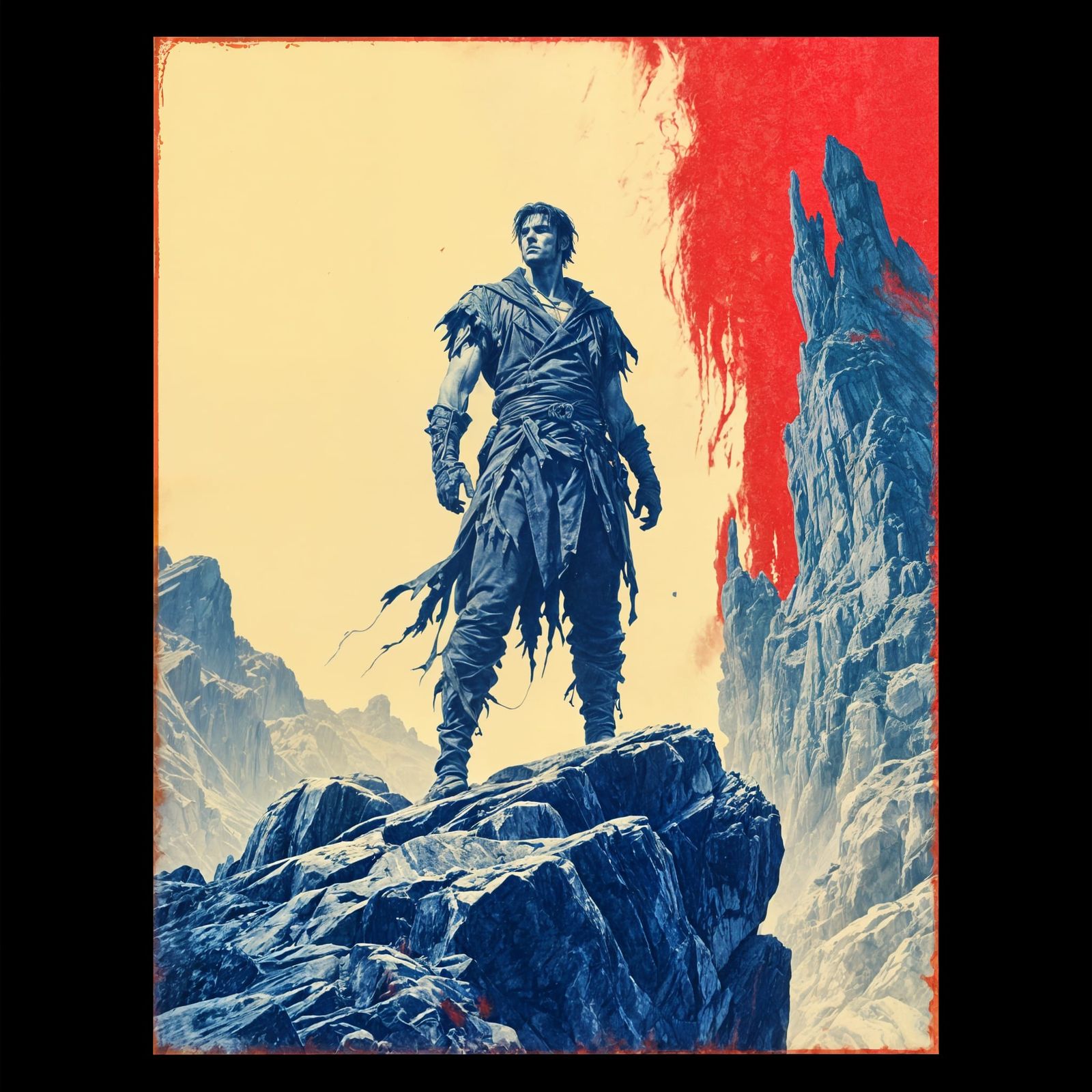 Lone Figure on Rocky Crag in Cyanotype Style