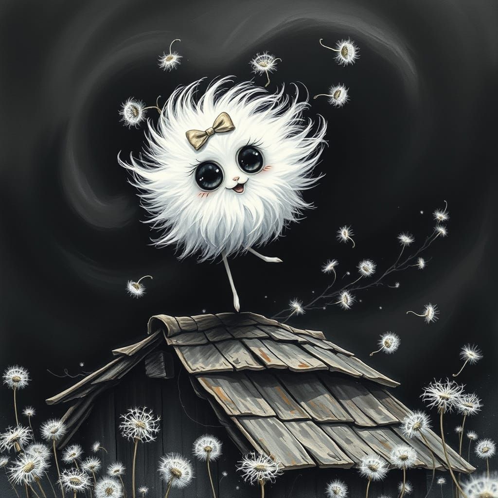 Whimsical Ball Dances on Rustic Roof in Dreamlike Abstractio...