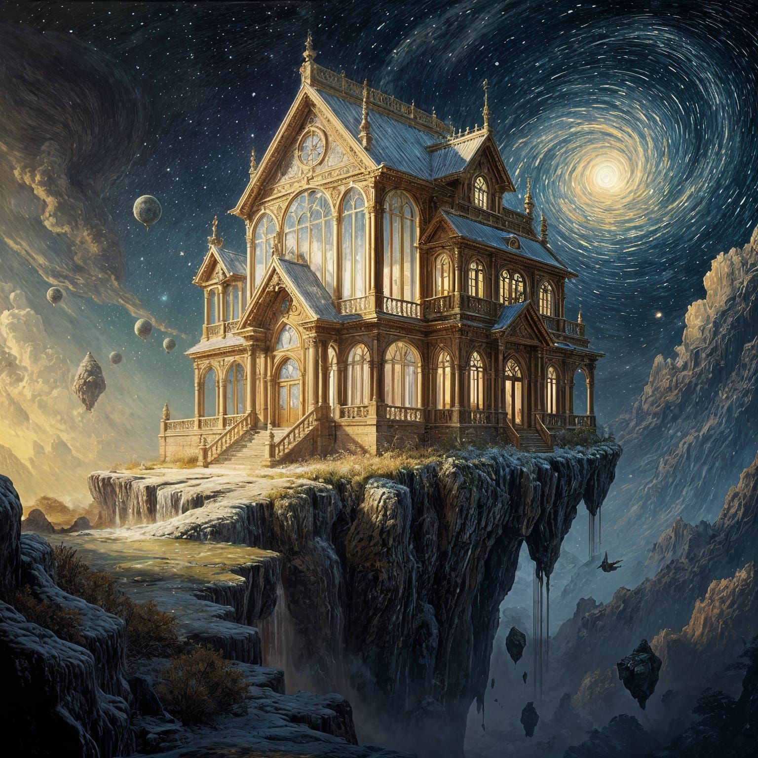 Ornate Brass House on Nebula Cliff in Impasto Style