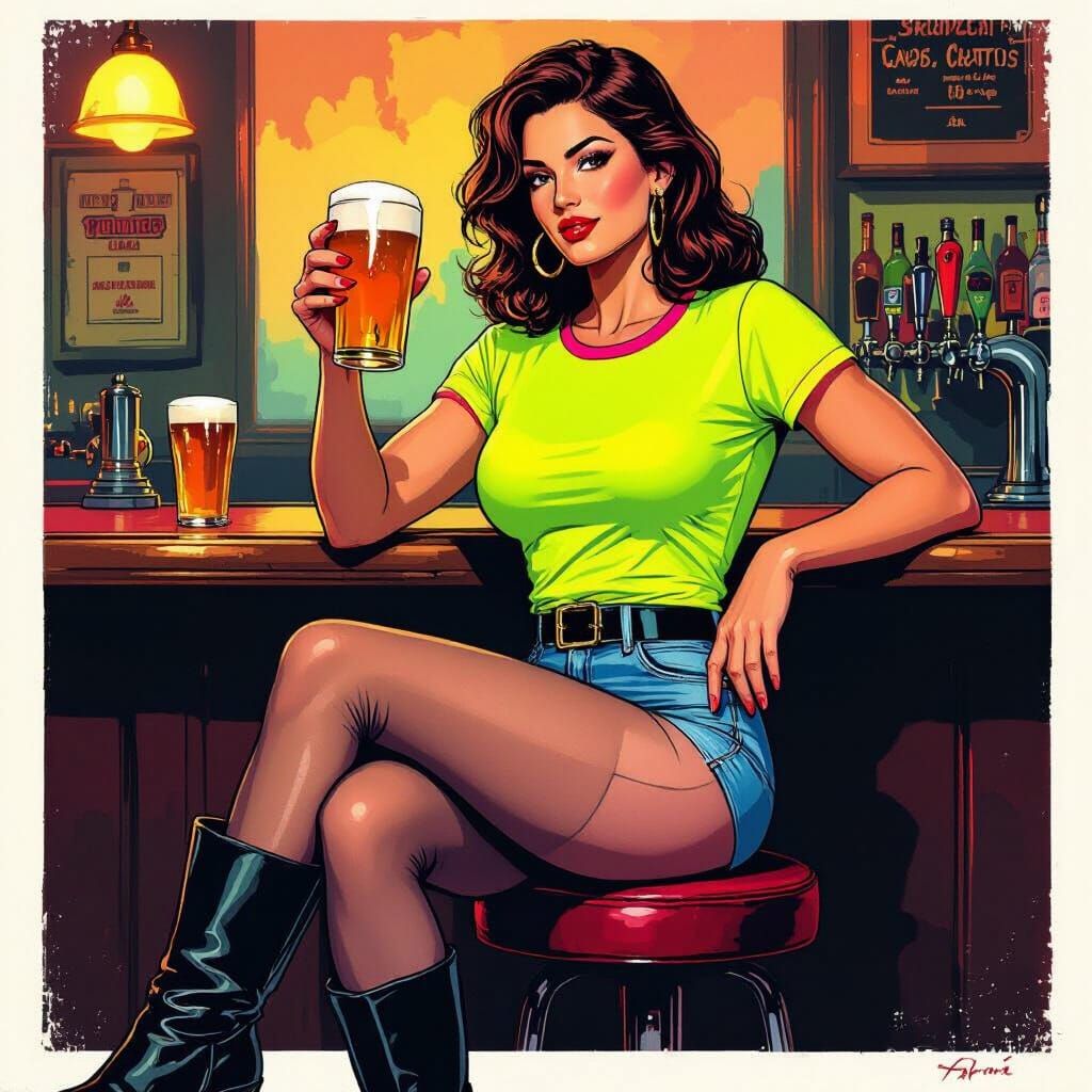 Retro-Futuristic Woman in Neon at Vintage Pub