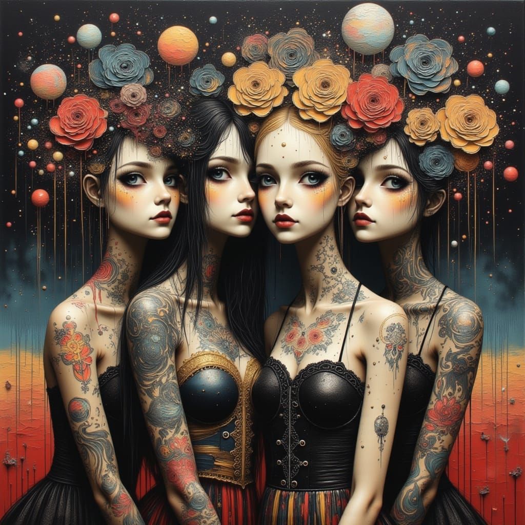 Four Surreal Sisters Exploring Space in Impasto Style