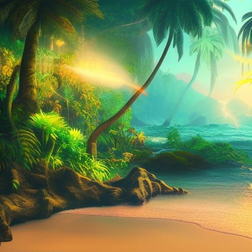 Lush Jungle Beach with Lightning, Digital Painting