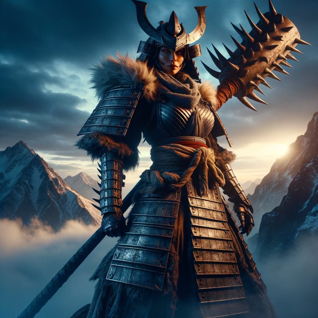 Hispanic Warrior on Mountain Peak at Twilight