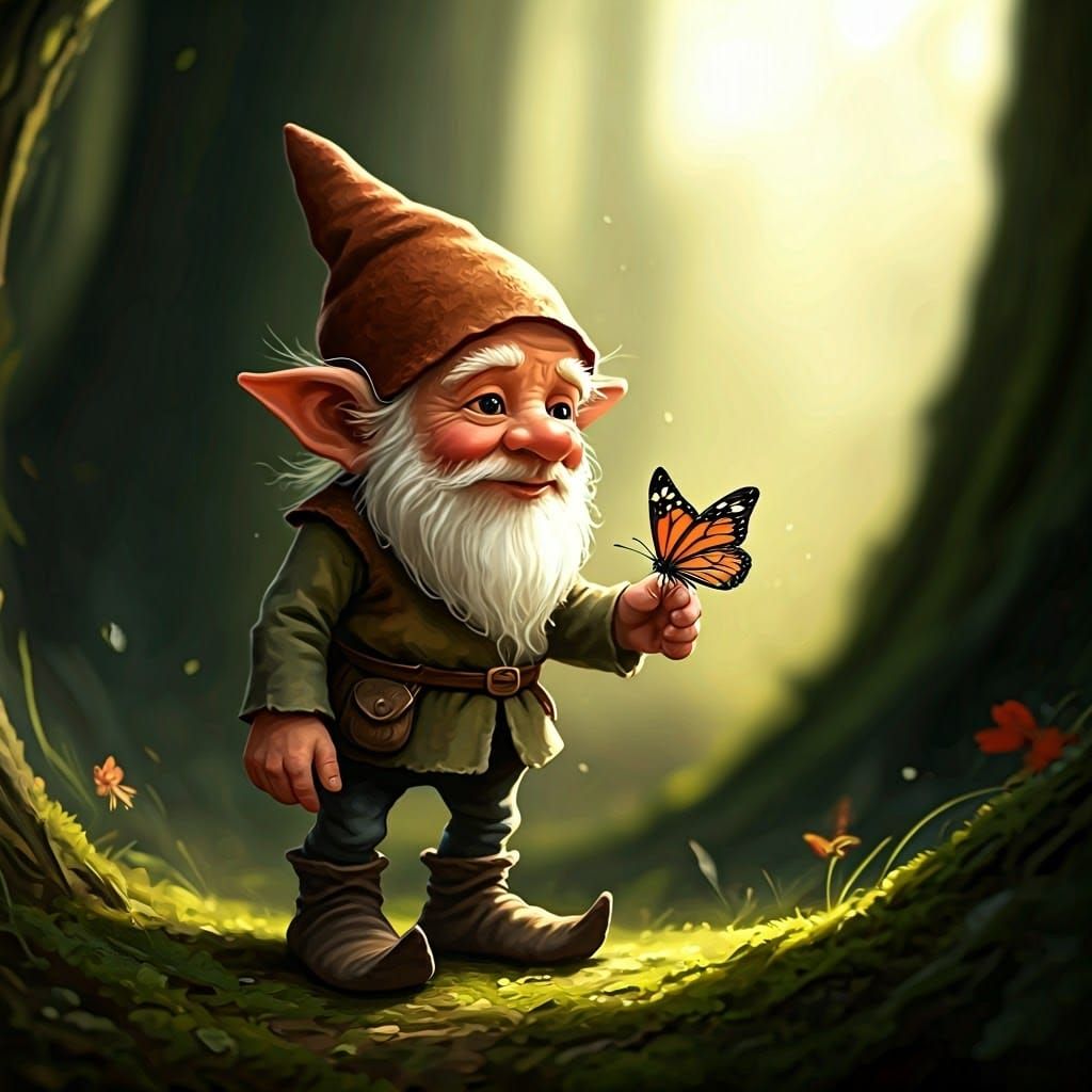Kind Gnome with Butterfly in Impressionist Style