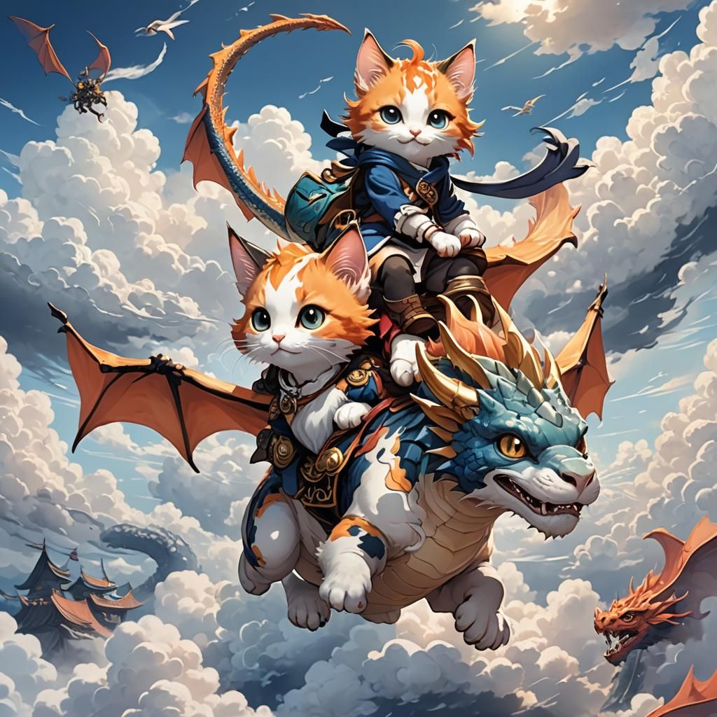 Calico Kitten Rides Dragon: Anime Cel-Shaded Art
