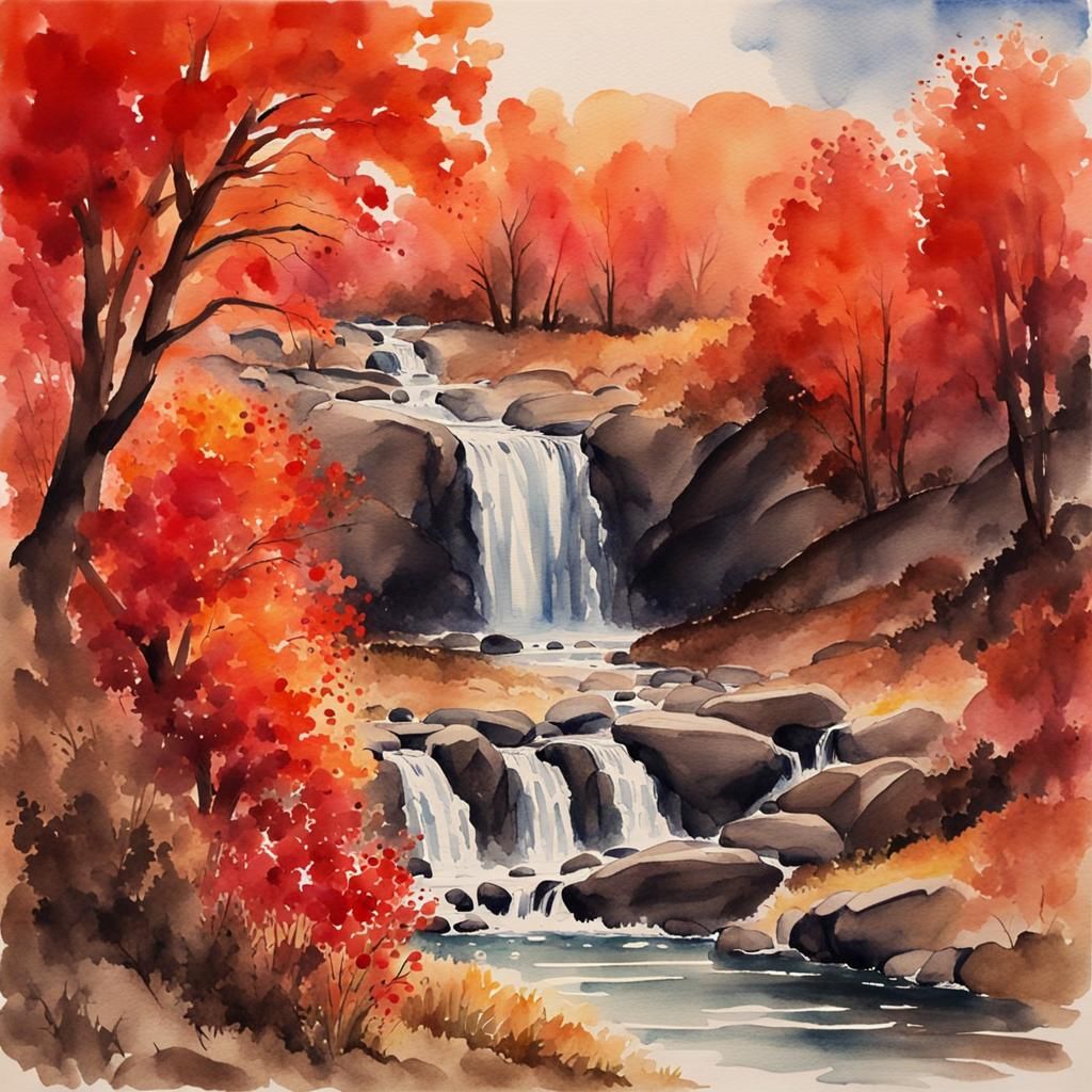 Fiery Waterfall in Watercolor Style