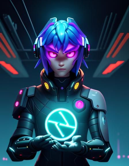 Cyberpunk Cyborg with Mushroom in Neon Matrix