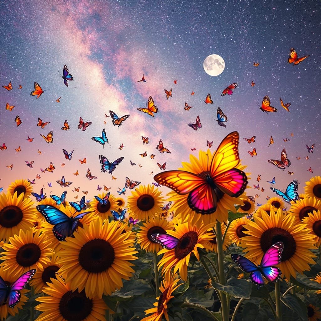 Surreal Garden at Dusk with Millions of Butterflies and Vibr...