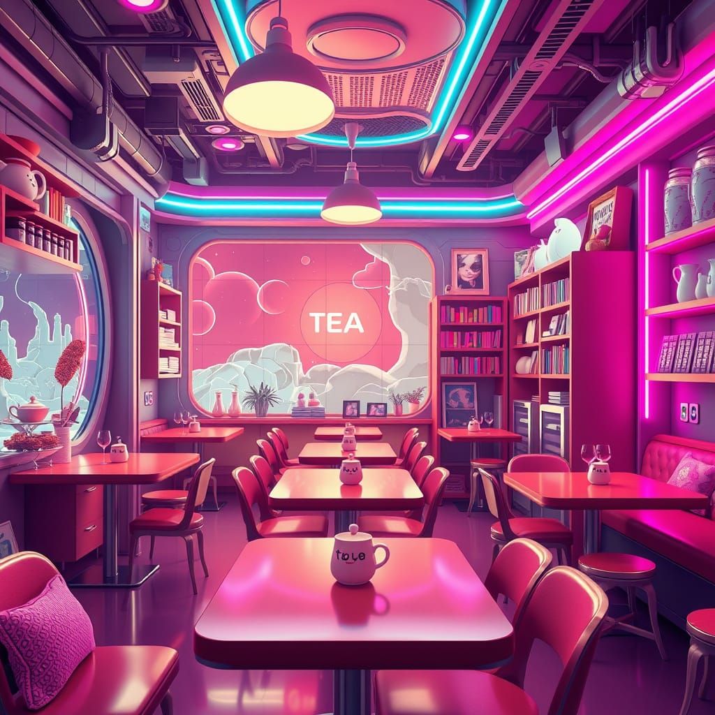Kawaii Cat Tea Shop in Neon Future Style