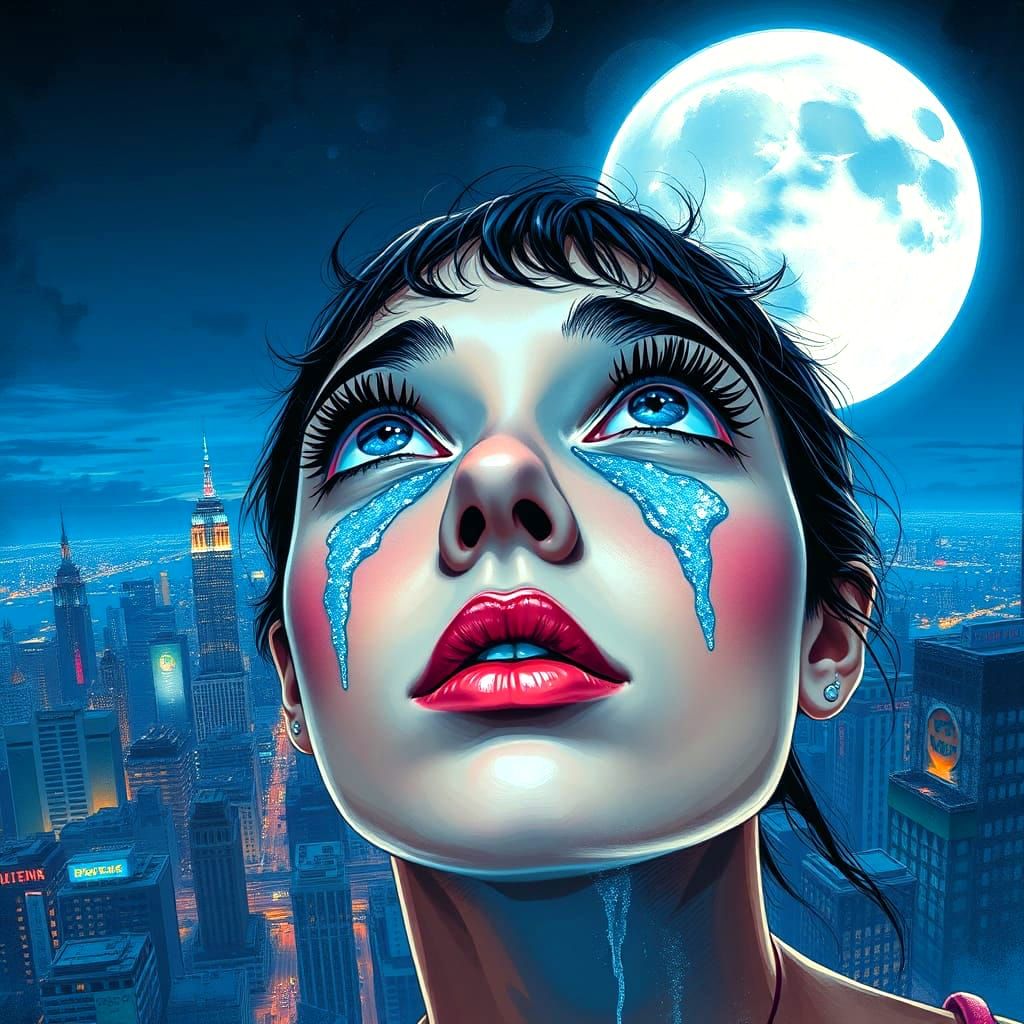 Young Woman Overwhelmed by City Life Under a Vibrant Moon