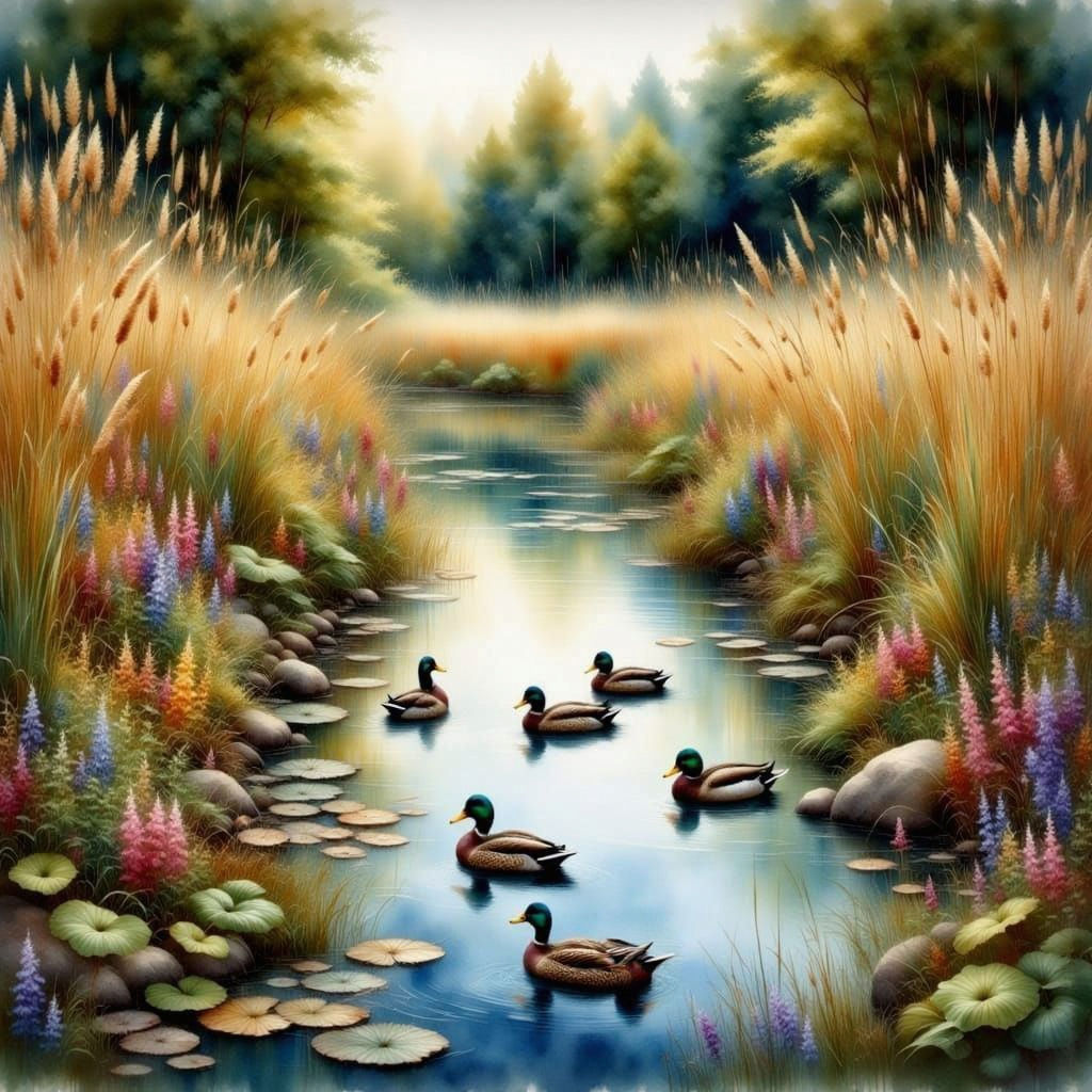 Mallard Ducks in Pond: Antique Watercolor Painting