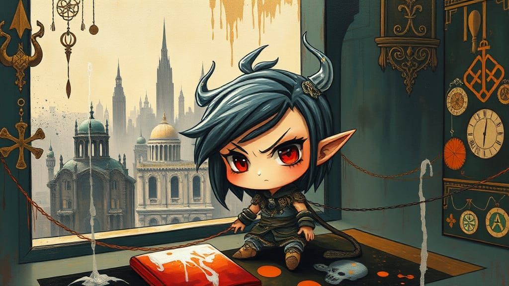 Chibi Character in Impasto Style with Celtic Motifs