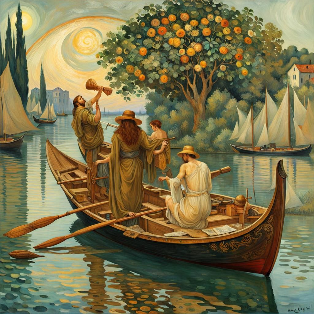 (🪙✨️💀🌳:1.9), barbarian bee boat bustling, Gustav Klimt, Vincent van Gogh, Edvard Munch, Alphonse Mucha