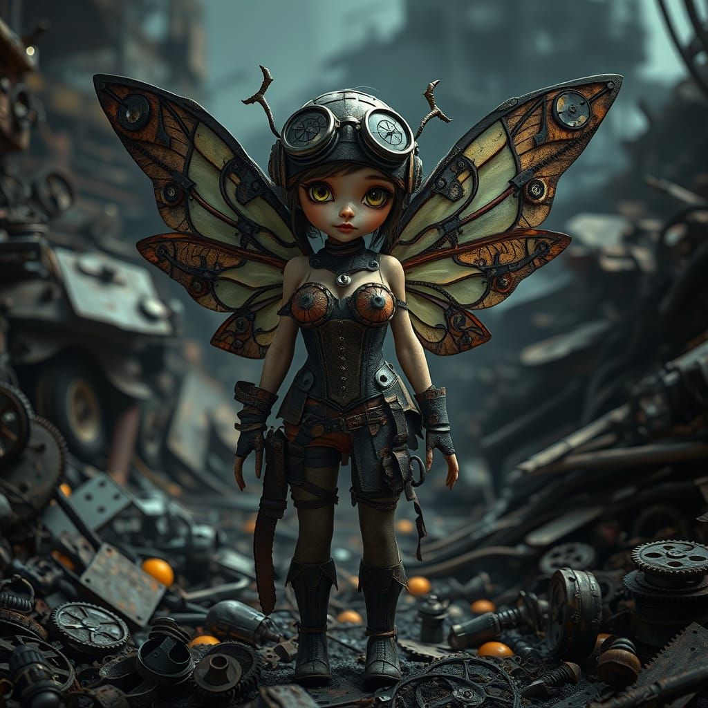 Rusted Gear Fairy in Dimly Lit Junkyard, Steampunk Gothic St...