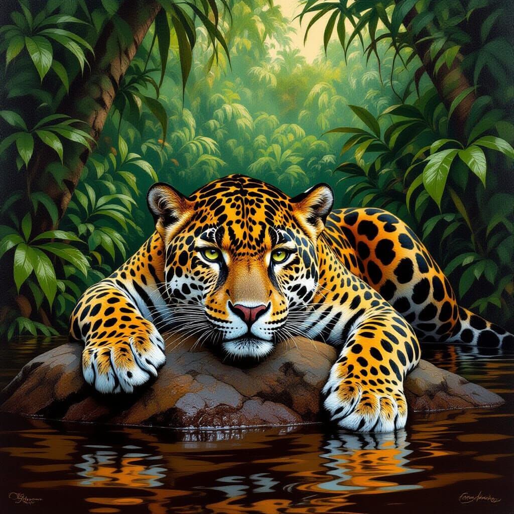 Jaguar on Rock in Lush Jungle, Detailed Wildlife Art