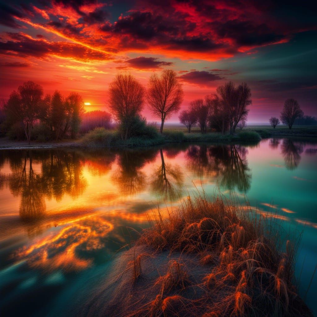 Colorful Impressionist Sunset on Water