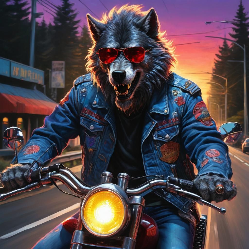 Werewolf Biker on Mystical Highway, as Detailed Fantasy Art