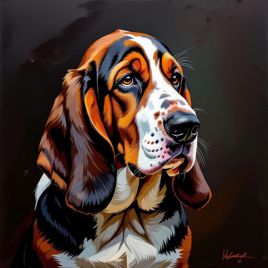 Textured Oil Painting of a Sophisticated Basset Hound