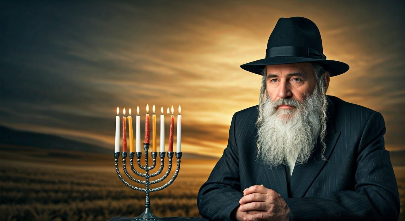 A Hasidic Jew in Traditional Attire, Surrounded by Menorah a...