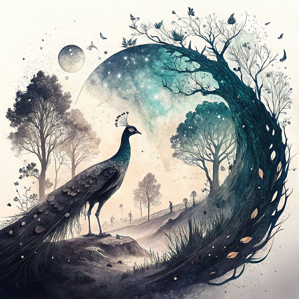 Astral Crystal Landscape with Magical Peacock Silhouette