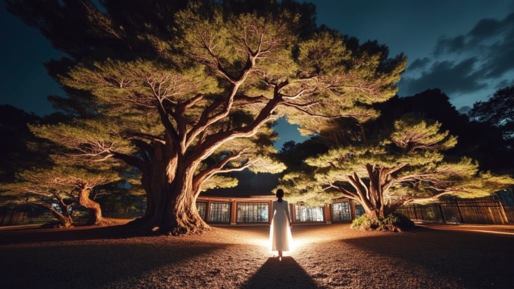 Ethereal Pine Tree Portrait: Nocturnal Garden Visit