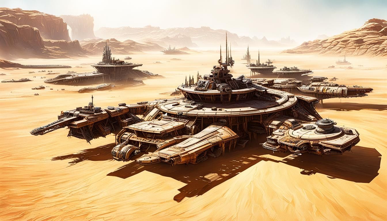 Sci-Fi Desert Oasis with Futuristic Vehicles