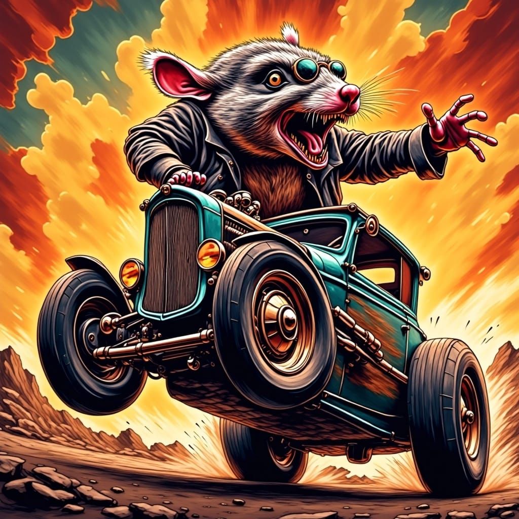Zombie Rodent Rides Hot Rod in Grungy Oil Painting