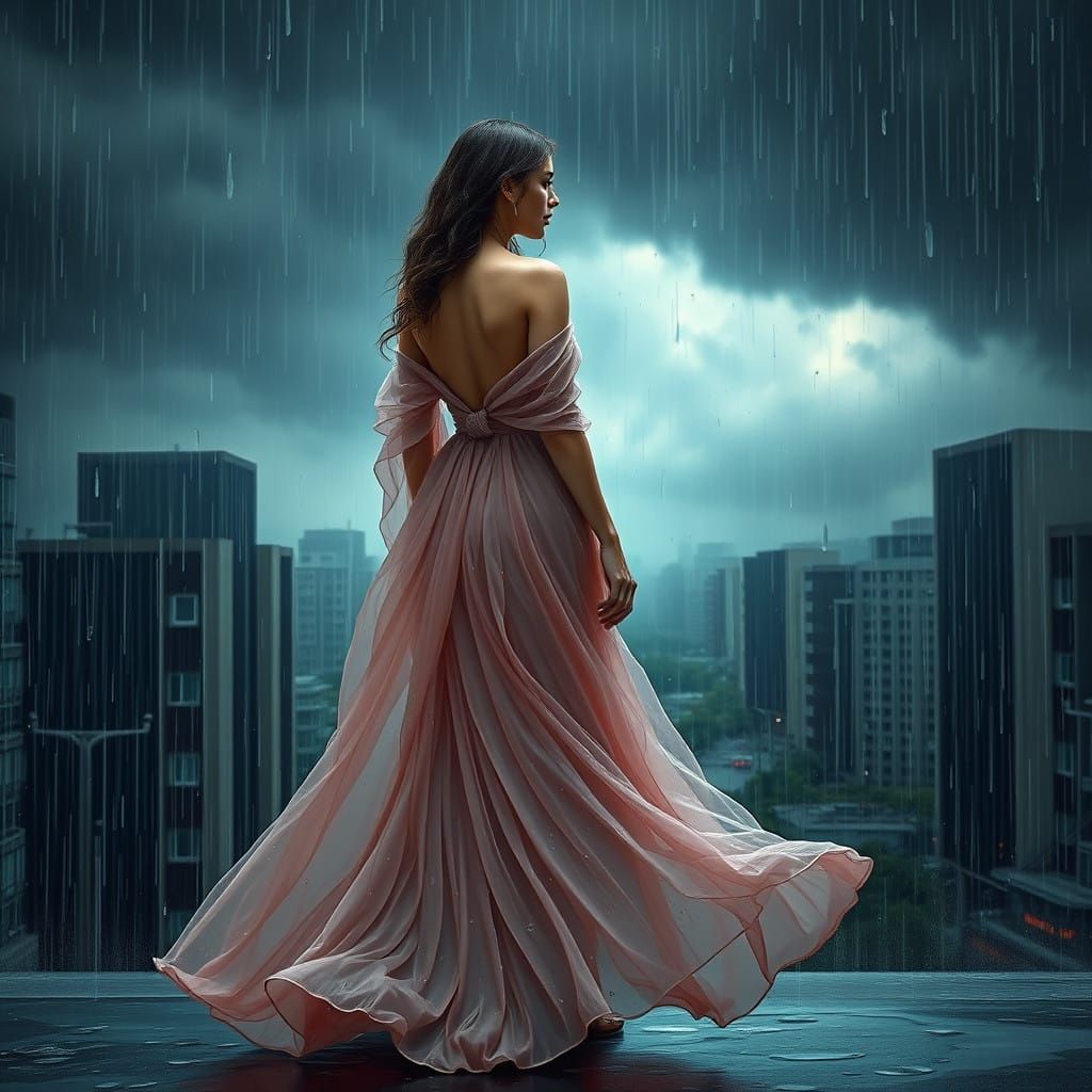 Elegant Woman in Rainy Urban Landscape Painting
