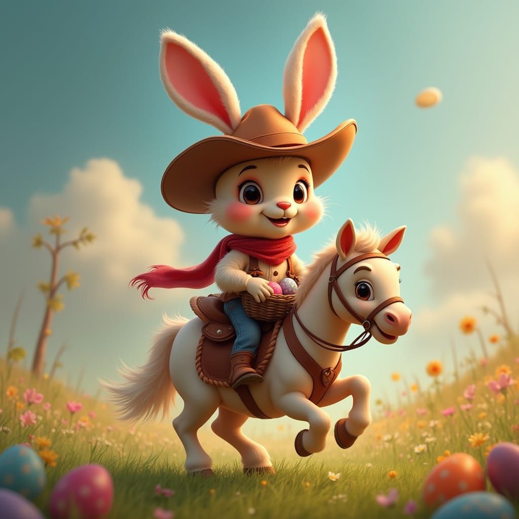 Easter Bunny in Cowboy Hat Riding Horse with Easter Eggs