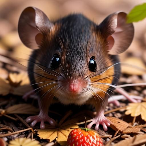 Mouse on Strawberry: Hyperrealistic Forest Scene
