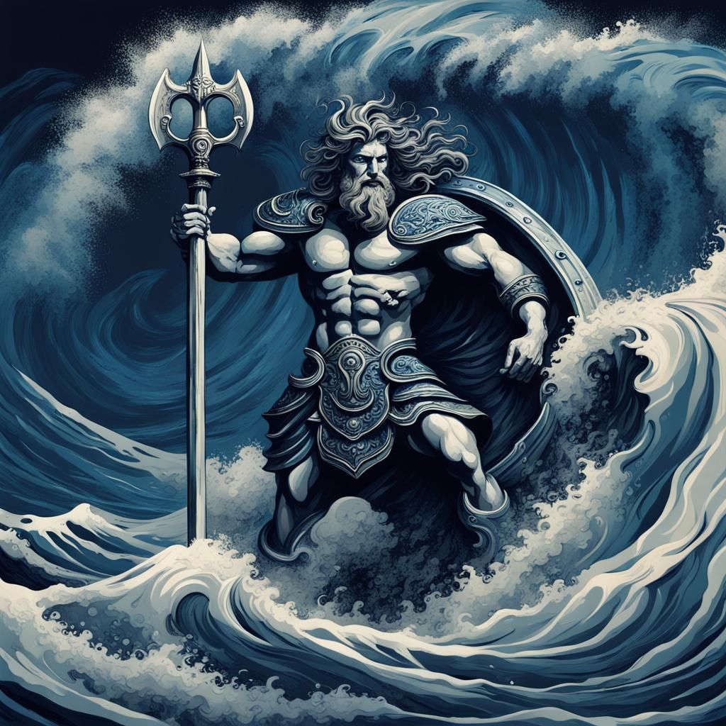Poseidon, God of the Sea, Rises from Stormy Waves
