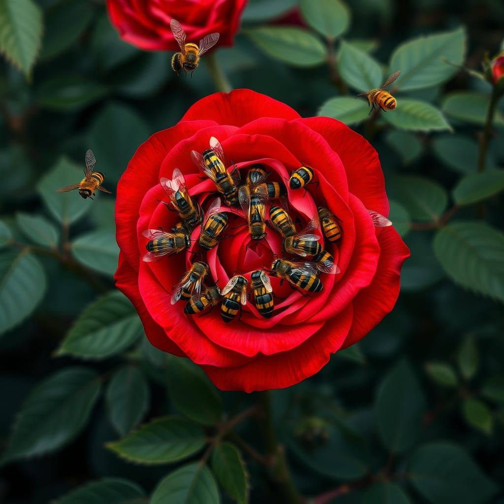 Majestic Crimson Rose Blooms with Busy Bees in Vibrant Detai...