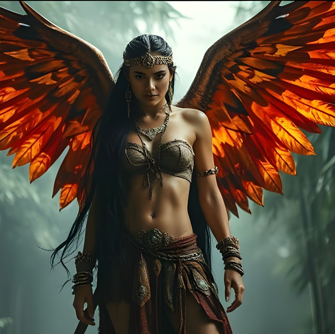 Sensual Winged Warrior in Misty Forest, Hyperrealistic Art