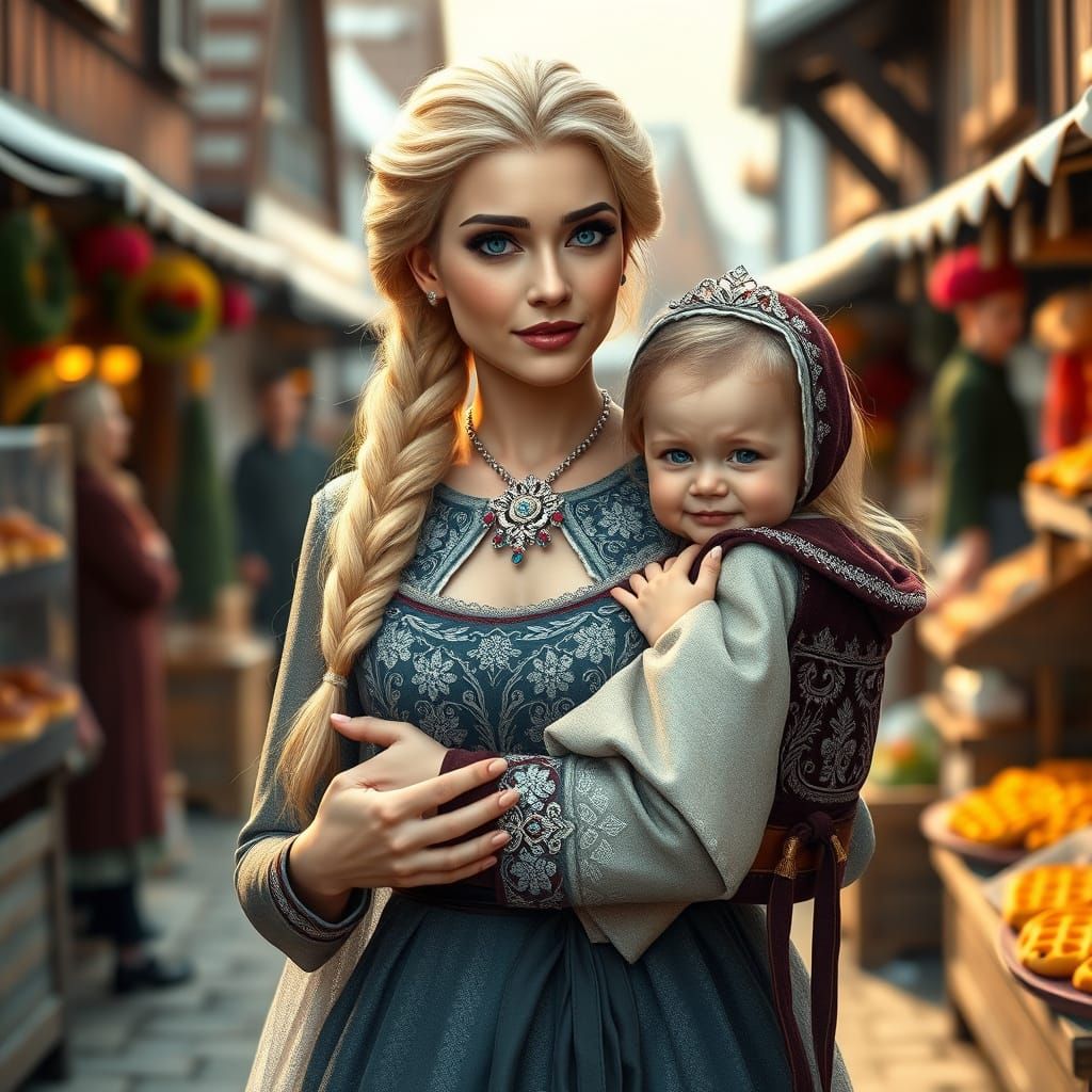 Elegant Norwegian Princess Strolls Village with Daughter