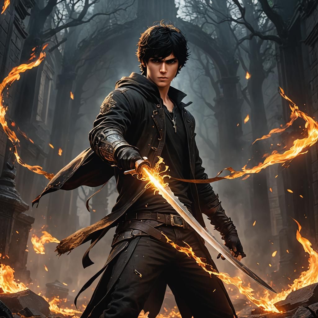 Nico Di Angelo with Flaming Sword: Fantasy Art