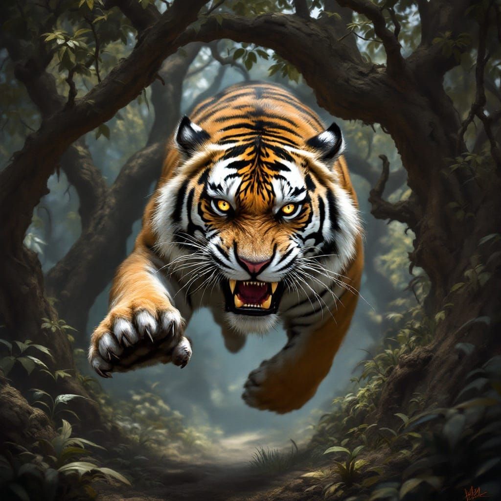 Fierce Saber Tooth Tiger Emerges from Ancient Jungle