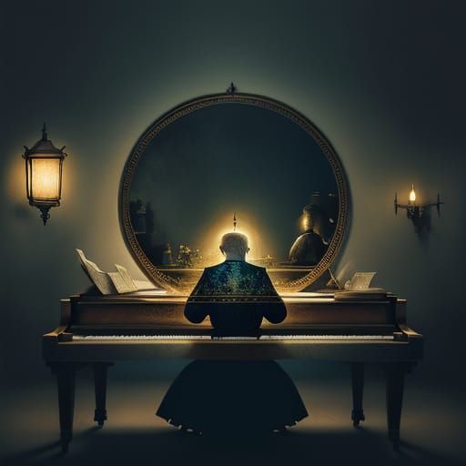 Old Man Reflects at Piano in Dimly Lit Room