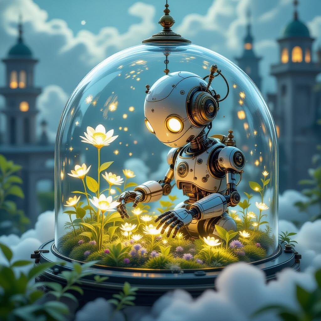 Steampunk Automaton in Bioluminescent Cloud City