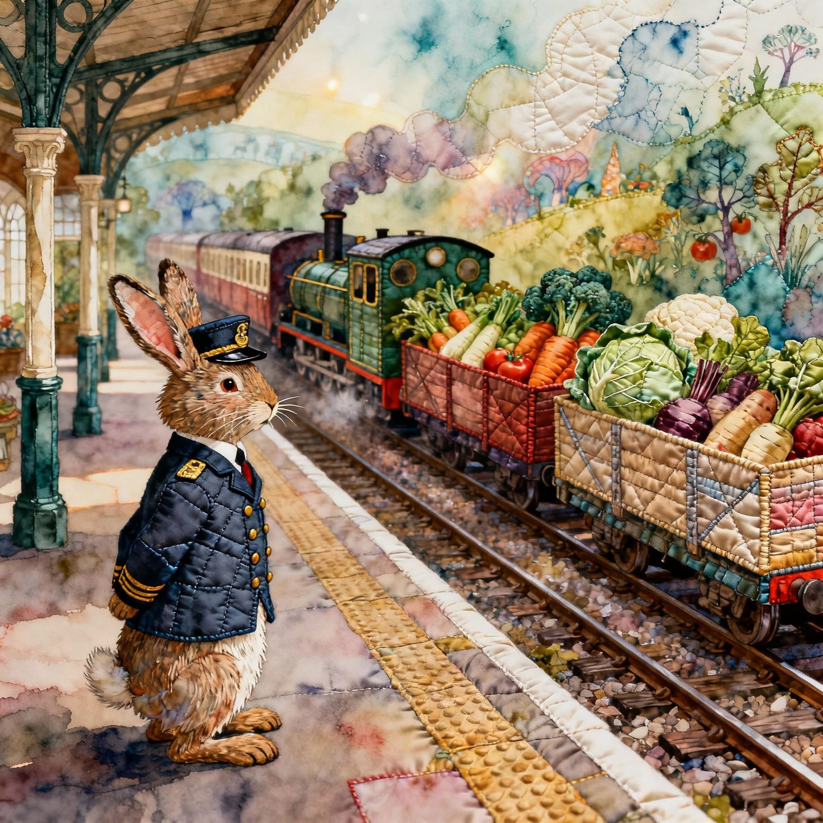 Whimsical Rabbit Station Master and Veggie Train