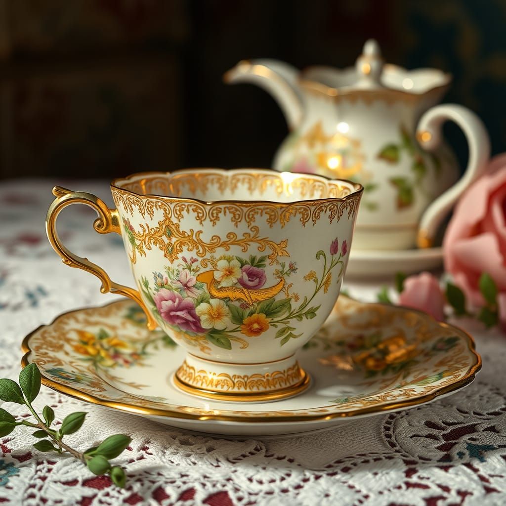 Antique Teacups with Golden Filigree, Pre-Raphaelite Style