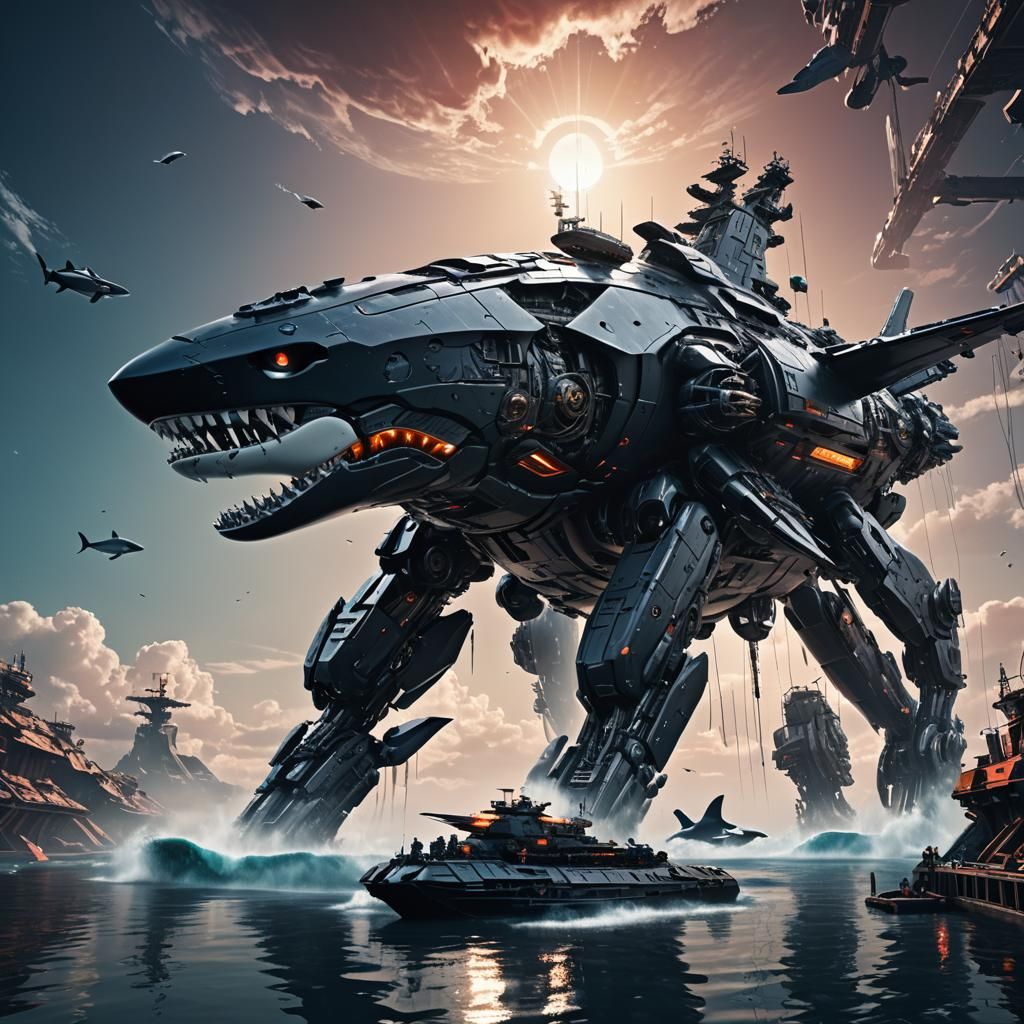 Futuristic Warship and Orca in Sci-Fi Scene