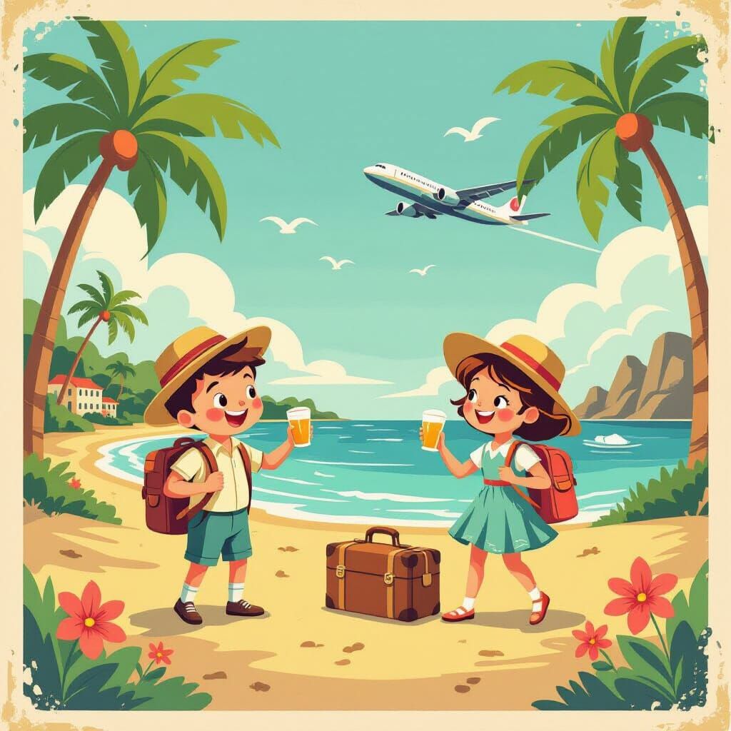 Playful Vintage Travel Poster Cartoon in Classic Palette