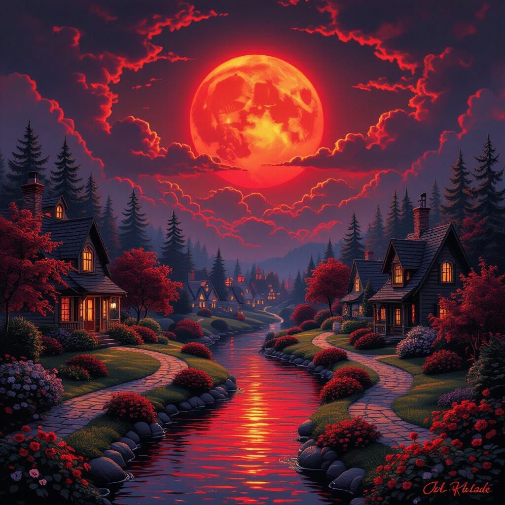 Crimson Landscape in Kinkade Style with Red Sun